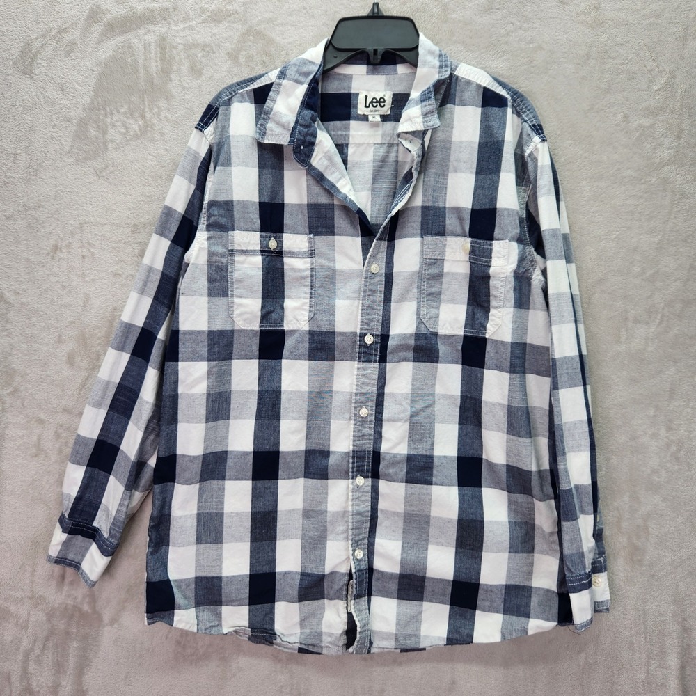 Lee Button Down Mens XL Blue White Plaid Long Sleeve Casual Shirt Comfy Outdoors